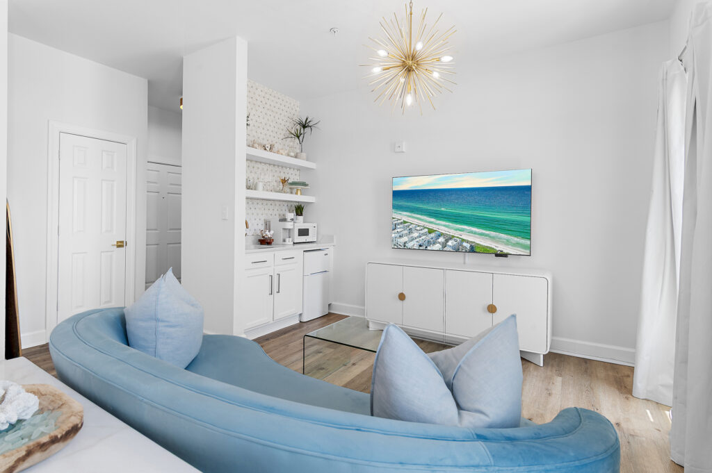 Sea Mist sitting area with 65-inch television