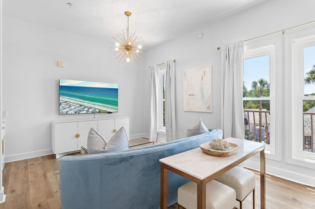 Sea Mist sitting area with 65-inch television