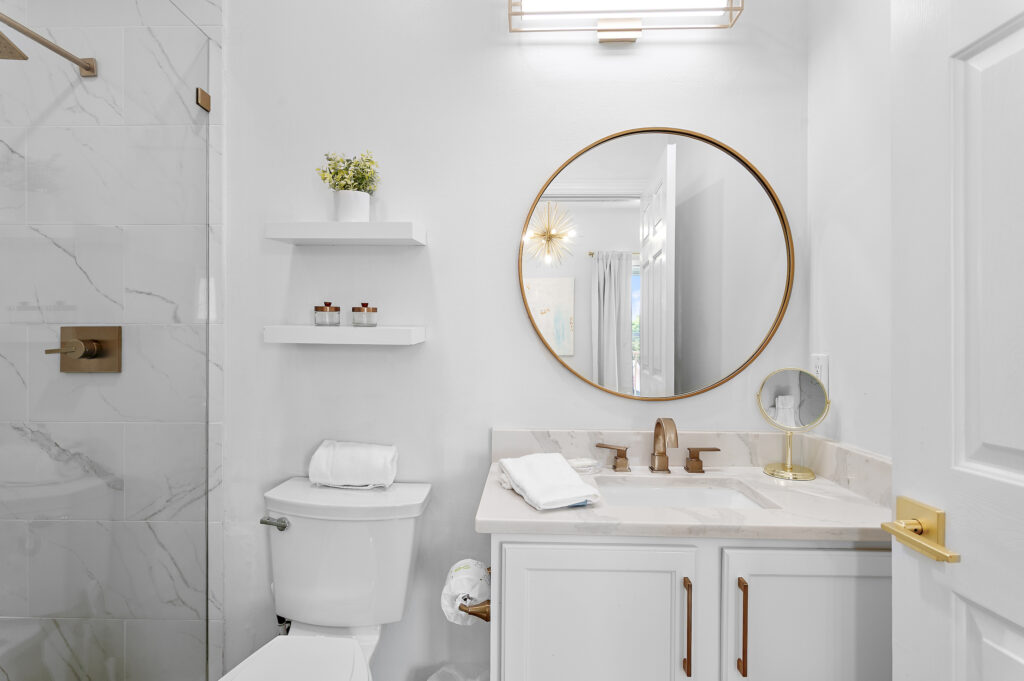 Sea Mist bathroom vanity and coastal finishes